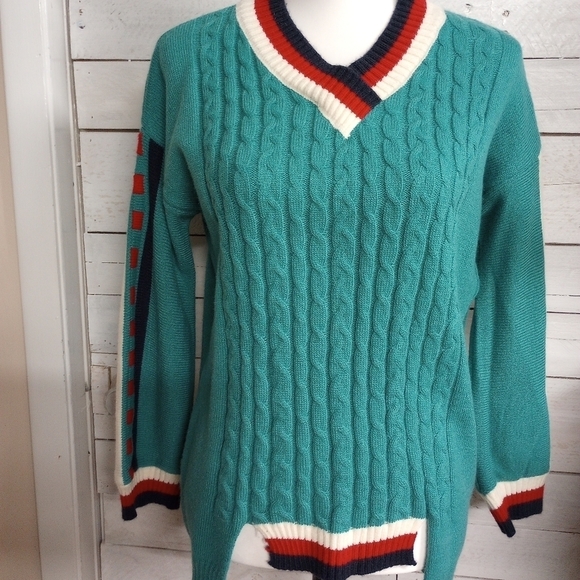 Stripe Sweater V Neck Women's Green Knit Long Sleeve Loose Casual Pullover Med - Picture 2 of 11